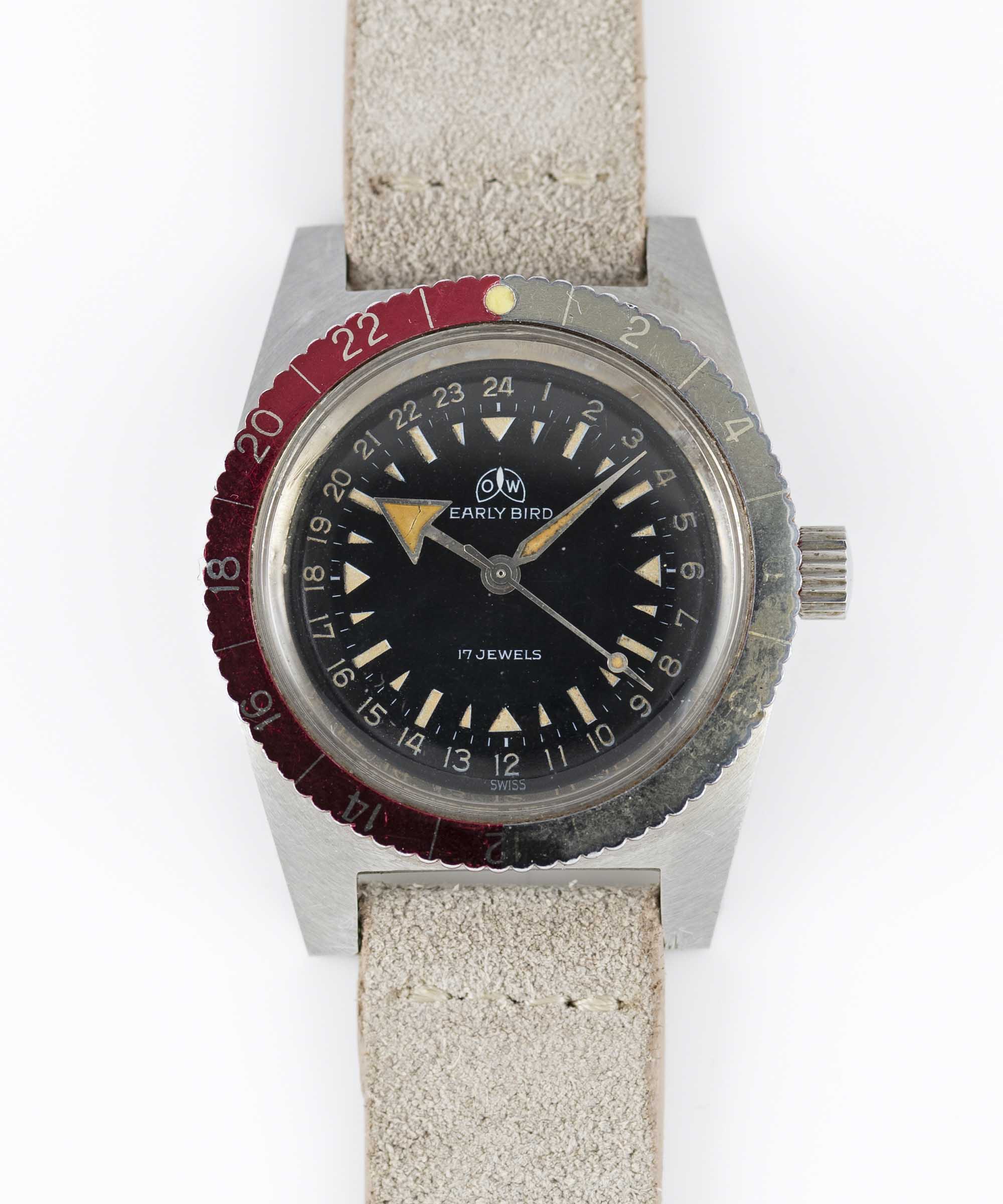 A RARE GENTLEMAN'S STAINLESS STEEL OLLECH & WAJS EARLY BIRD GMT WRIST WATCH CIRCA 1960s, REF. 2834