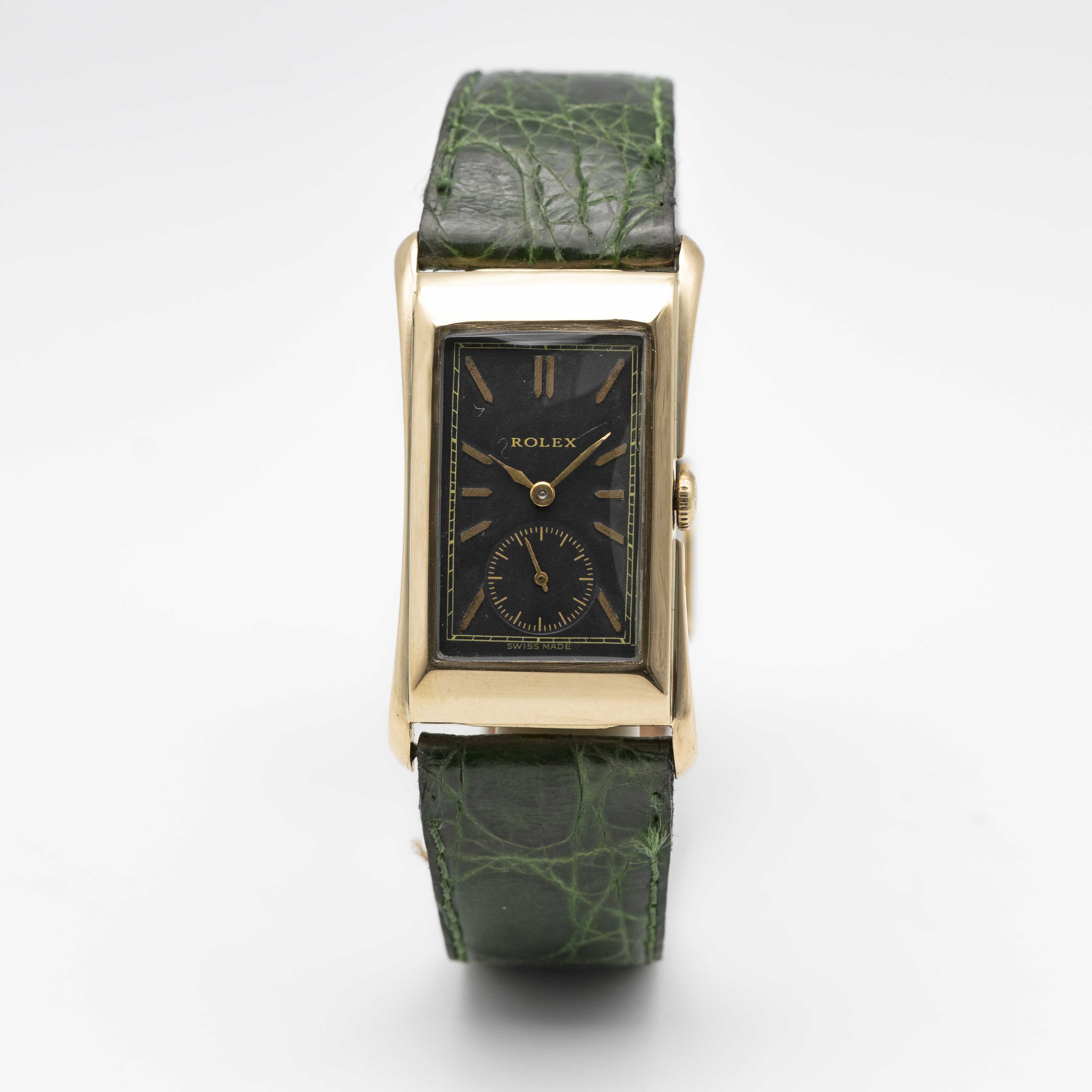 A GENTLEMAN'S 18K SOLID GOLD ROLEX BRANCARD "PRINCE" FLARED RECTANGULAR WRIST WATCH CIRCA 1930s, - Image 2 of 9
