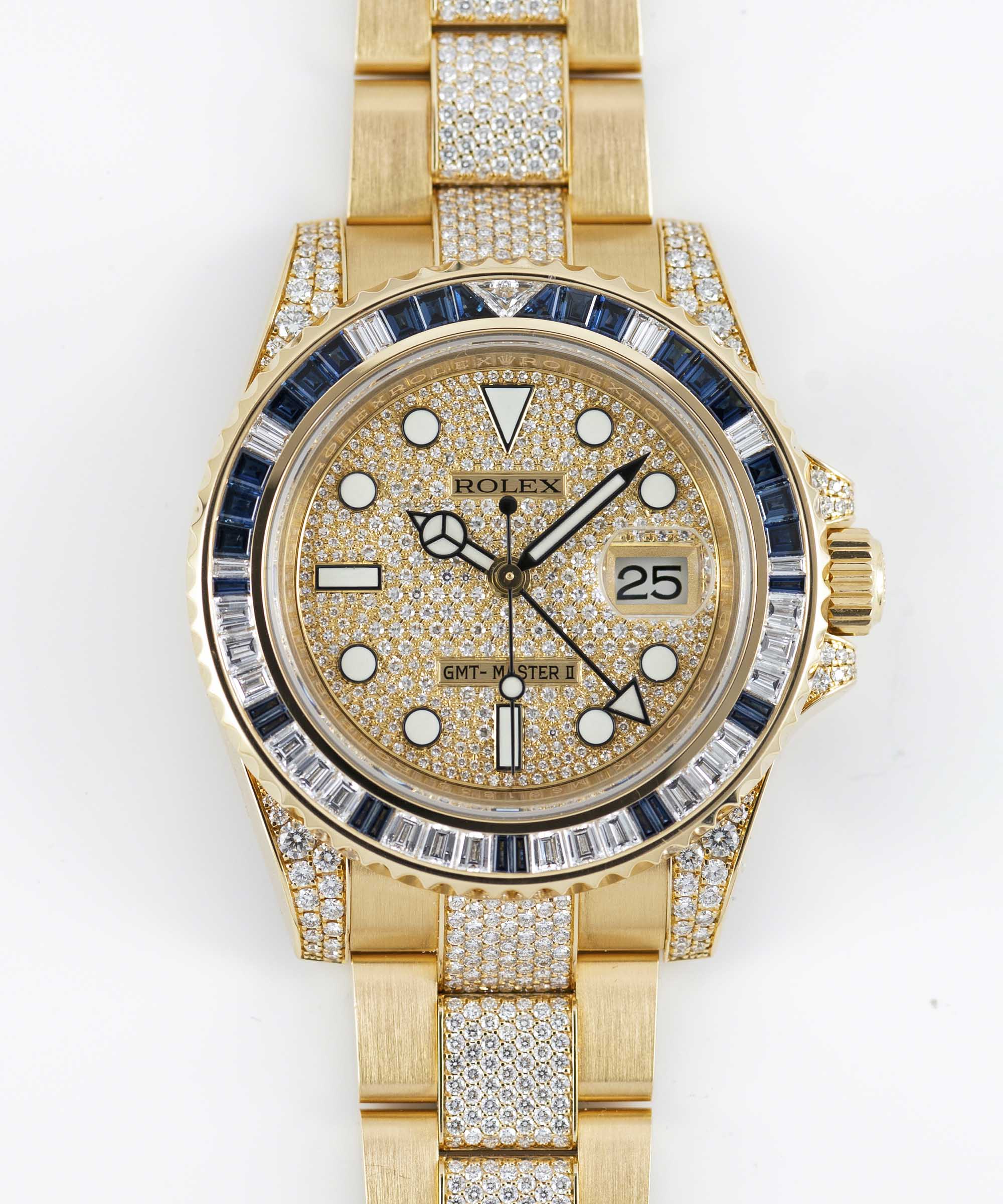 A FINE & RARE 18K SOLID YELLOW GOLD, DIAMOND & SAPPHIRE ROLEX OYSTER PERPETUAL DATE GMT MASTER II - Image 3 of 12