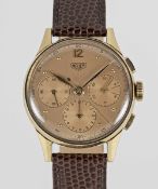 A GENTLEMAN'S 14K SOLID YELLOW GOLD HEUER CHRONOGRAPH WRIST WATCH CIRCA 1950s Movement: 17J,