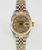 A LADIES STEEL & GOLD ROLEX OYSTER PERPETUAL DATEJUST BRACELET WATCH DATED 1993, REF. 69173 WITH