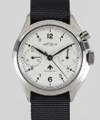 A GENTLEMAN'S STAINLESS STEEL BRITISH MILITARY ROYAL NAVY LEMANIA SINGLE BUTTON CHRONOGRAPH WRIST