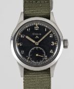 A RARE GENTLEMAN'S STAINLESS STEEL BRITISH MILITARY GRANA W.W.W. WRIST WATCH CIRCA 1945, THE