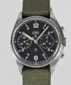 A GENTLEMAN'S STAINLESS STEEL BRITISH MILITARY CWC RAF PILOTS CHRONOGRAPH WRIST WATCH DATED 1980,