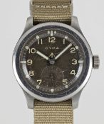 A GENTLEMAN'S STAINLESS STEEL BRITISH MILITARY CYMA W.W.W. WRIST WATCH CIRCA 1945, PART OF THE 