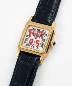 A UNIQUE GENTLEMAN'S SIZE 18K SOLID GOLD CARTIER PARIS SANTOS DUMONT WRIST WATCH CIRCA 1980s, REF.