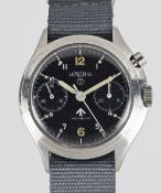 A GENTLEMAN'S STAINLESS STEEL BRITISH MILITARY LEMANIA SINGLE BUTTON RAF PILOTS CHRONOGRAPH WRIST
