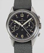 A GENTLEMAN'S STAINLESS STEEL BRITISH MILITARY ROYAL NAVY HAMILTON CHRONOGRAPH WRIST WATCH DATED