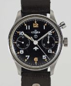 A GENTLEMAN'S STAINLESS STEEL BRITISH MILITARY ROYAL NAVY LEMANIA SINGLE BUTTON CHRONOGRAPH WRIST