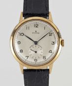 A GENTLEMAN'S LARGE SIZE 9CT SOLID GOLD ROLEX SHOCK RESISTING WRIST WATCH CIRCA 1960, WITH BLACK