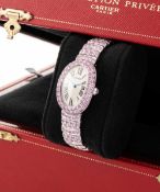 A FINE & VERY RARE LADIES 18K SOLID WHITE GOLD & PINK SAPPHIRE CARTIER BAIGNOIRE BRACELET WATCH