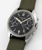 A RARE GENTLEMAN'S STAINLESS STEEL BRITISH MILITARY NEWMARK RAF PILOTS CHRONOGRAPH WRIST WATCH DATED