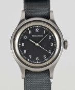 A GENTLEMAN'S STAINLESS STEEL BRITISH MILITARY JAEGER LECOULTRE RAF PILOTS WRIST WATCH DATED 1956,