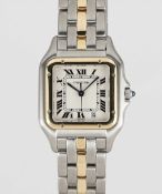 A LARGE SIZE STEEL & GOLD CARTIER PANTHERE BRACELET WATCH CIRCA 1985, REF. 8394 ENGRAVED ON THE CASE