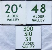 Trio of London Transport bus stop enamel E-PLATES for Alder Valley services, comprising routes