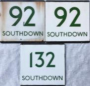 Trio of London Transport bus stop enamel E-PLATES for Southdown services, comprising routes 92 x 2