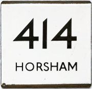 London Transport bus stop enamel E-PLATE for route 414 destinated Horsham. West Croydon bus