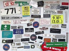 Large quantity (80+) of bus etc small PLATES, SIGNS & NOTICES, mostly alloy, some are enamel,