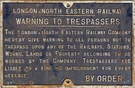 London & North Eastern Railway (LNER) cast-iron TRESPASS NOTICE. Measures 26
