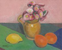 R. Mahé-Jardin. Stillleben mit Tausendschön, Zitrone und Orangen. 1927
