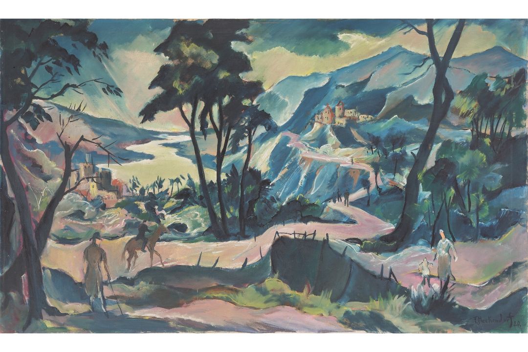 Franz Heckendorf. Gebirgslandschaft mit Fluss und Burgen. 1920