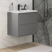 NEW (G145) 600mm Perla 600mm 2 Drawer Wall Mounted Vanity Unit inc Basin _ Matt Grey. RRP £4...