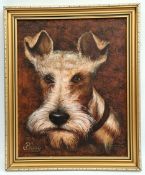 Art Framed Oil on Board Terrier Dog Painting. Signed Lockley Lower Right 1981