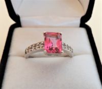Sterling Silver 3.40 carat Pink Topaz & Diamond Ring