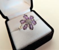 Amethyst & White Stone Flower Shaped Sterling Silver Ring