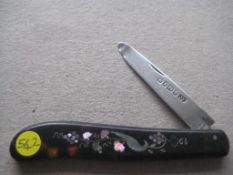 Rare Victorian Tortoiseshell Abalone Bird Inlaid Hafted Silver Bladed Folding Fruit Knife