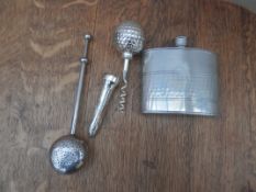 Pewter hip flask, golf tee corkscrew and a propelling tea bagholder