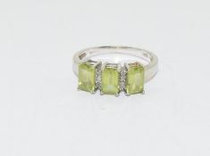 9Ct White Gold 3 Stone Peridot & Diamond Ring