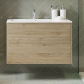 NEW (L145) 900mm Perla 2 Door Wall Hung Davos Oak Vanity Unit. RRP £368.55. The beautiful simp...