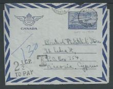 Cyprus 1950 Canada 10c air letter to Nicosia marked 