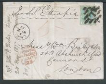 Lagos 1877 Cover to London franked 6d green tied by the uncommon 