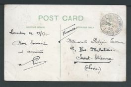 G.B. - Exhibitions 1908 (June 20) Picture postcard to France, the stamp having apparently falling o