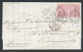G.B. - Machines 1866 Entire letter to France franked 4d pair cancelled by Rideout machine duplex wit