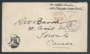 Boer War 1900 Stampless cover to Canada with a Maple Leaf and 