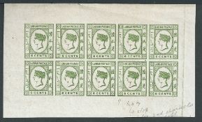 Labuan 1894 6c green imperforate Plate Proof sheet of ten in issued colour, on unwatermarked wove pa