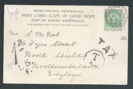 Cape of Good Hope 1906 Postcard to England with 1/2d cancelled at Alfred Docks / Cape Town taxed 1d