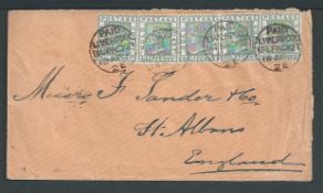 Gold Coast 1895 Cover to England franked by five 1/2d stamps tied by four strikes of the 