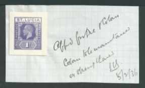 Saint Lucia 1936 1d violet Postal Stationery envelope die proof affixed to small piece, annotated 