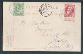 G.B. - T.P.Os 1906 Picture postcard bearing G.B. 1/2d and Belgium 10c both cancelled 