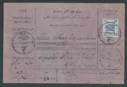 Palestine / Cilicia / Turkey 1920 Parcel card bearing Palestine 10pi (scissor cut into stamp) can...