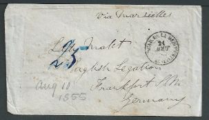 GB - Crimean War 1855 Stampless cover to Lady Malet, English Legation, Frankfurt, Germany with Post