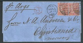 G.B. Yorkshire 1868 Entire from Hull to Norway franked by two Queen Victoria 4d vermilion plate 9 a