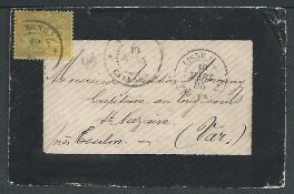 French Guiana 1885 Mourning cover to France franked by French Colonies 25c tied by 