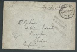 South Africa 1917 Stampless O.A.S. cover posted by a soldier on the troopship 
