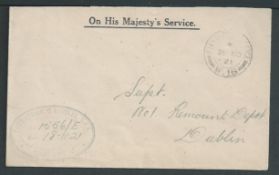 G.B. - Ireland 1921 Stampless O.H.M.S. Cover addressed to No. 1 Remount Depot, Dublin, with oval of