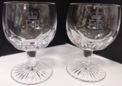 Royalty Pair Of Wine / Cocktail Goblets E2R Superb Pair Of Goblets With Crown And Eiir Etchings. C